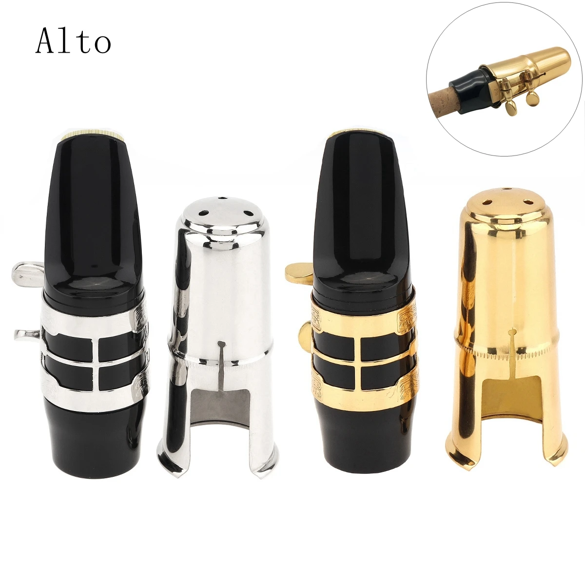 

High Quality Alto bE Saxophones Mouthpiece Carved Flower Gold Plated Ligature Brass Cap Bakelite Sax Mouth Gold Silver Optional