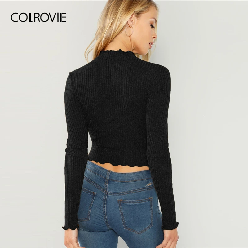COLROVIE коричневый салат обрезать девушка короткая футболка для женщин осень черный корейский длинный рукав тройник сексуальные женские футболки женские топы тройник
