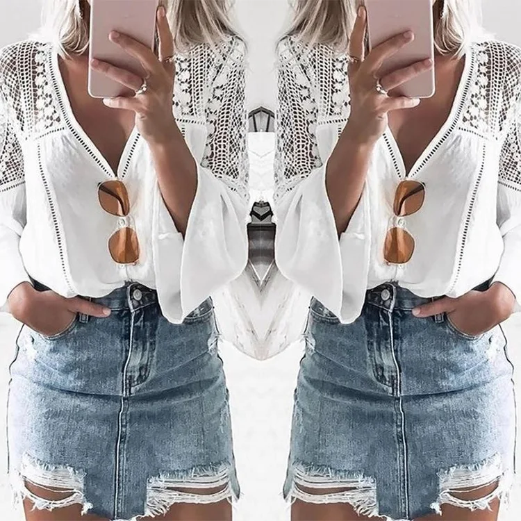 Женская Летняя Блузка Boho белая с треугольным вырезом и длинным рукавом-фонариком