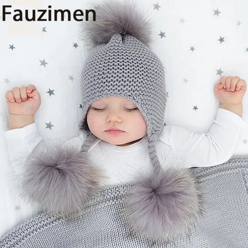 Детская шапка меховым помпоном Skullies шапочки Кепки s из натурального меха енота