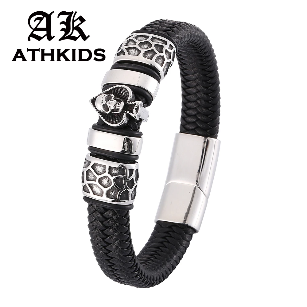 

Punk Men Bracelet Stainless Steel Spades Skull Head Charms Trendy Bracelet Male Braided Leather Bracelets Jewelry Gifts SP0122