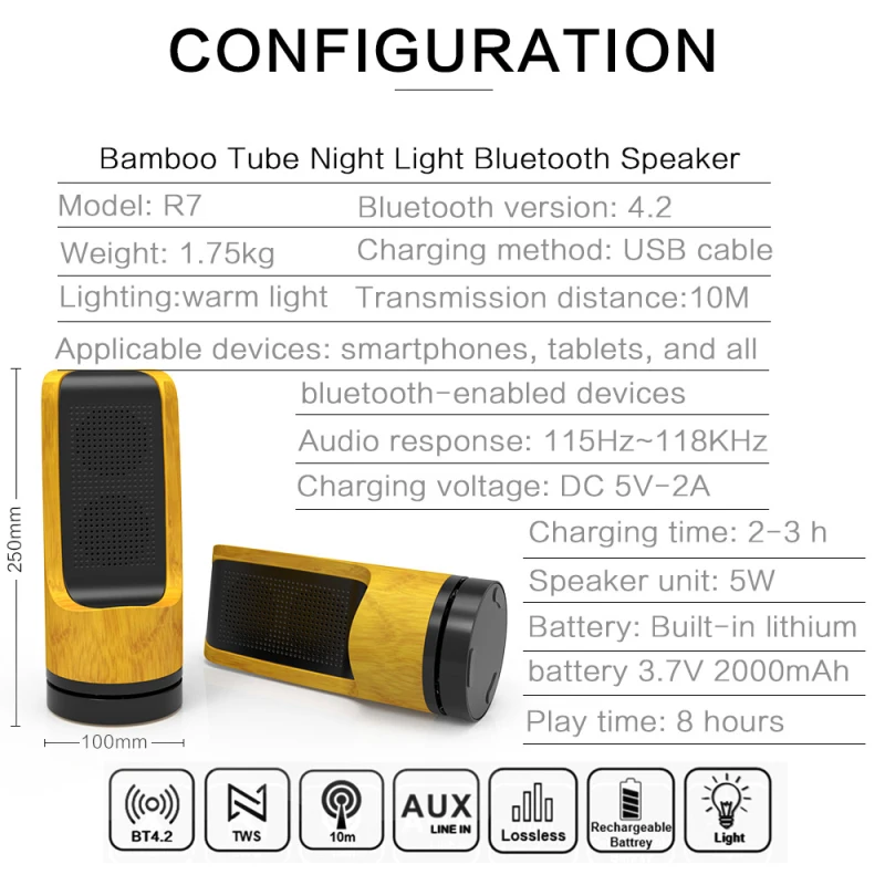 CYBORIS Bamboo ночник Bluetooth динамик с 3 регулируемая светодиодная лампа AUX-in/TWS поддерживается для дома АУДИО вечерние спальни 2 шт