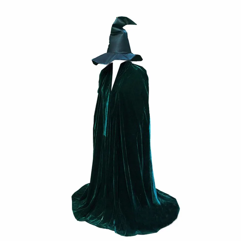 

Minerva McGonagall Dress Cosplay Costume Dark Green Cloak Trench Coat Outfits New With Hat 11