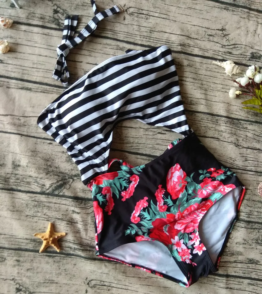 Uttu зеленый лист печати купальник в полоску Высокая талия Купальник лоскутное Для