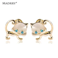 madrry alloy metal kawaii double cat earrings for women girls green crystal eyes ear piercing pendientes aretes brincos ouro