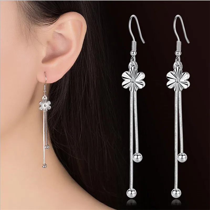 

TJP Exquisite Flower Tassel Earrings For Women Party Jewelry Top Quality Silver Plated Earrings Girl Lady Christmas Bijou