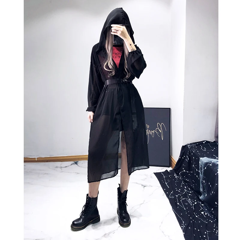 Летние блузки женские пастельный готический шифон кимоно длинный с капюшоном