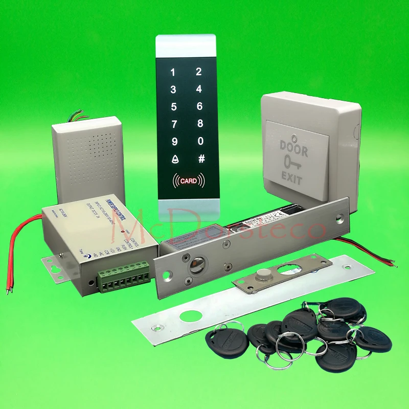 

DIY Complete 125khz Rfid Wooden Door Lock control system Electric Bolt Lock +Power supply+exit button+keyfobs