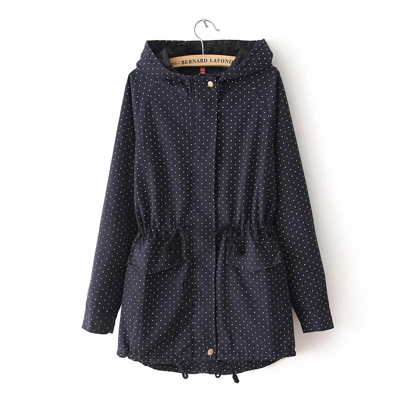 Женский тонкий Тренч в горошек трапециевидный средней длины с длинным рукавом и