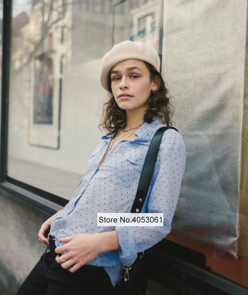 Bopstyle/ хлопковая светло-голубая блузка в горошек, Рубашка-2019SS, стиль, блузка в горошек с длинными рукавами, Топ