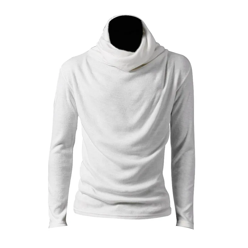 White Мужская модная трикотажная футболка с длинным рукавом, тонкий мужской однотонный топ с высоким воротом, хлопковый пуловер, Осенние повседневные базовые футболки - Цвет: White