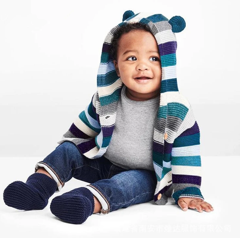 Newborn Baby Sweater Cardigan Autumn Girl Hooded Stripe Boys Infant Toddler Pullovers Outerwear For Kid | Детская одежда и обувь