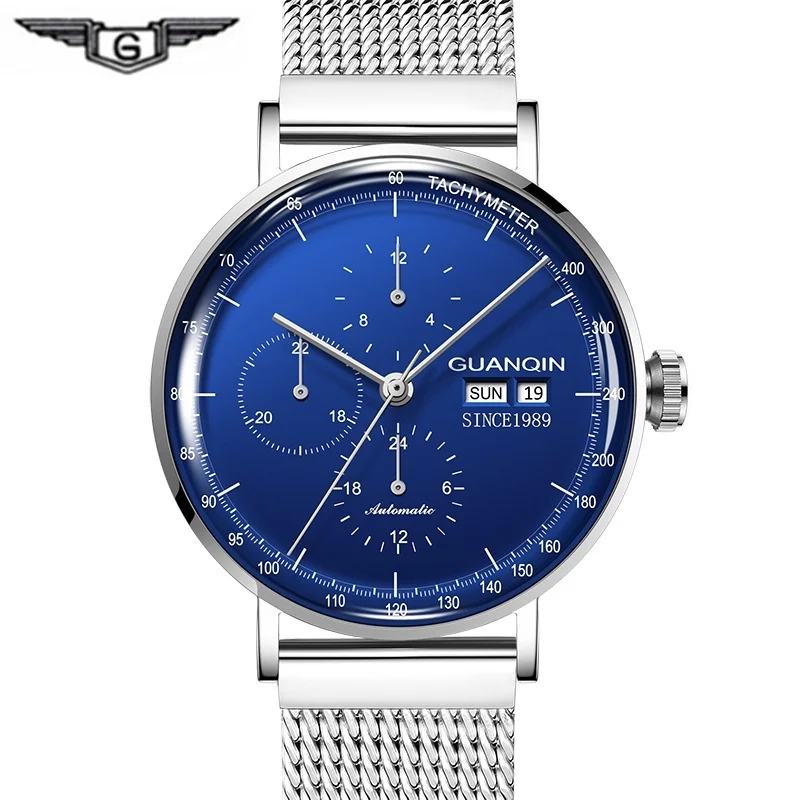 Blue silver GUANQIN Tourbillon, автоматические водонепроницаемые часы, мужские наручные часы со скелетом, мужские механические 3D кривые часы, мужские часы - Цвет: Blue silver