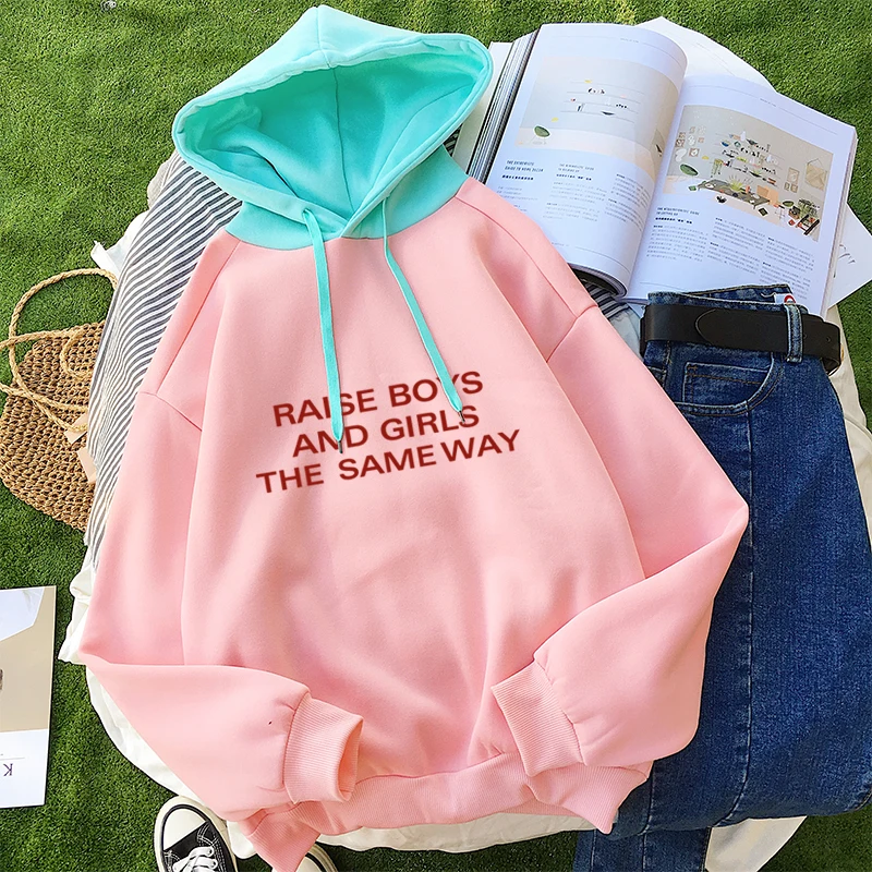 

Autumn Winter Fleece Warm Harajuku Pullovers Women Hoodies Sweatshirts Female Casual Korean Funny Letter Splicing Raglan Clothes
