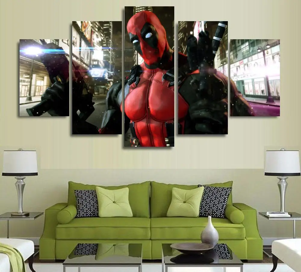 

5 Panels Wall Art Deadpool Mask Gun Automatic Painting Canvas Room Decor Print Poster Unframed 829