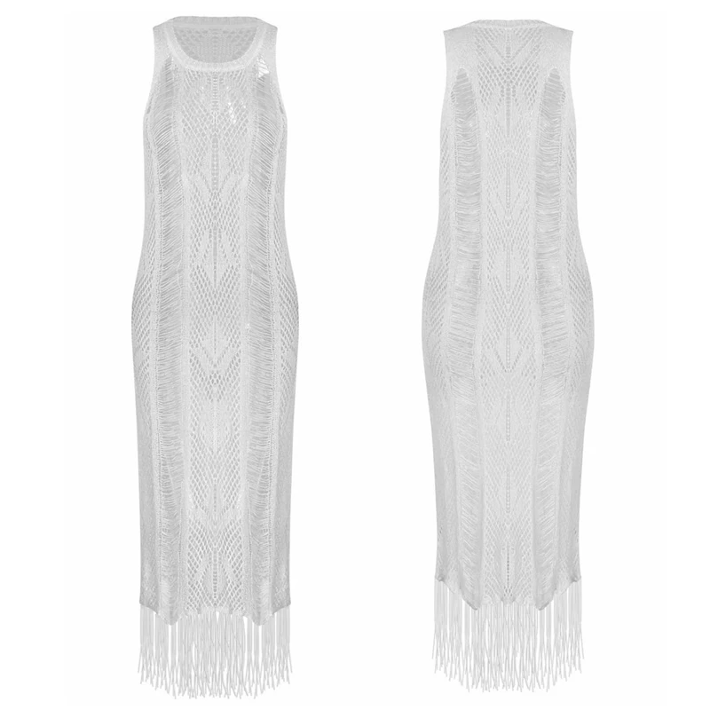 Женское трикотажное бикини Пляжное платье без рукавов прозрачное с кисточками