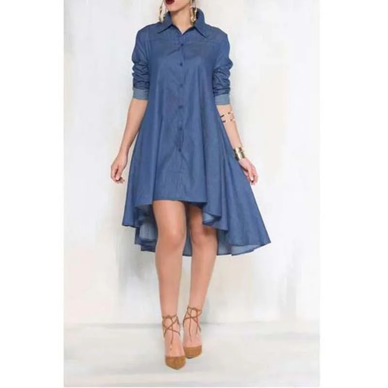 Женское джинсовое платье рубашка летнее повседневное свободное миди с длинным