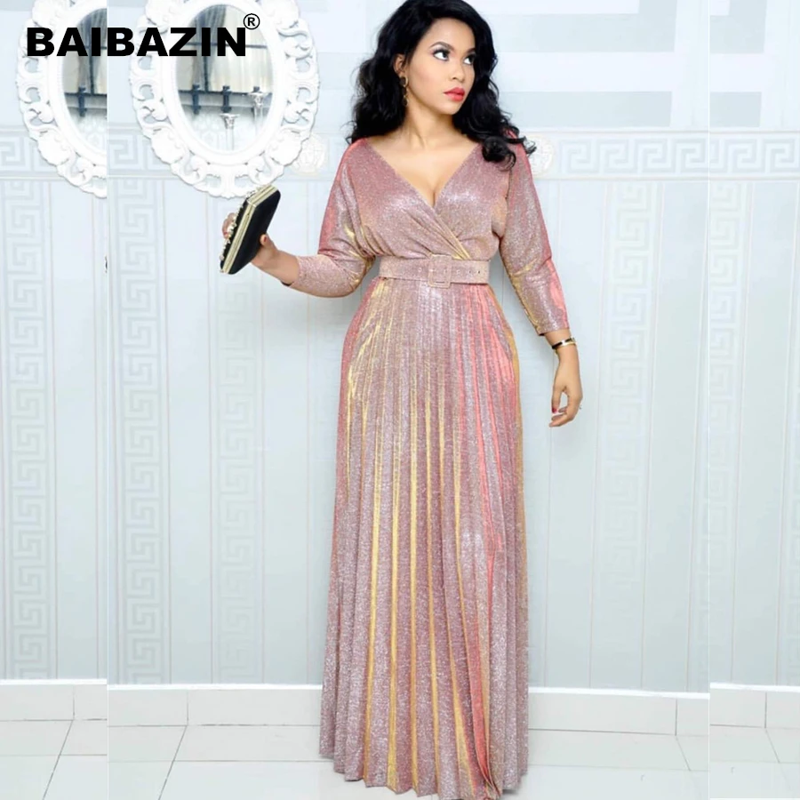 BAIBAZIN African dresses for women popular colorful bronzing pleated mid-sleeve commuter large size dress with belt | Тематическая