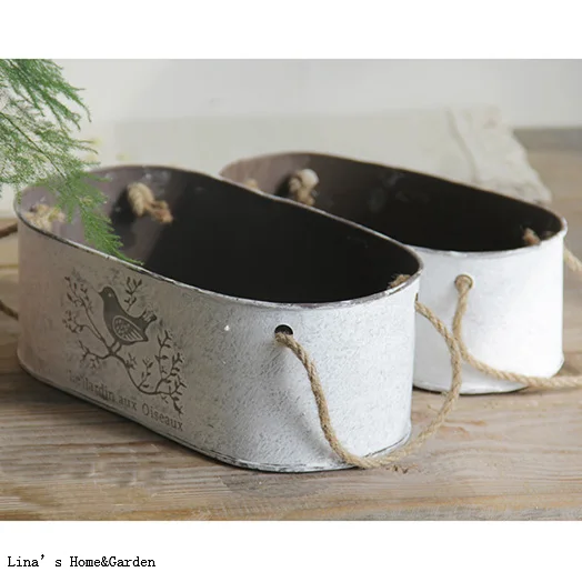2 шт. овальные мини-кашпо из цинка с ручками пеньковой веревки | Дом и сад