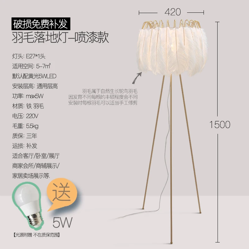 Floor lamp Ins перьевая напольная лампа, светильник для зала, современный минималистичный напольный светильник для гостиной, креативная лампа для девочек, художественная лампа, светодиодная лампа - Цвет абажура: Floor lamp