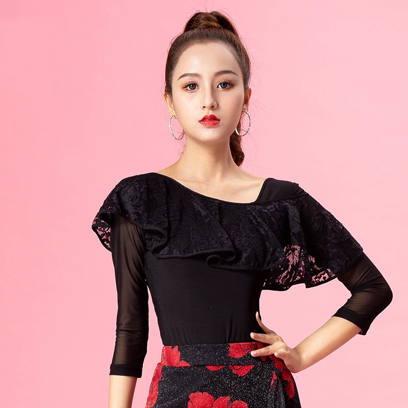 2019 New Latin Dance Tops Long-Sleeved Female Adult Net Yarn Splice Standard Women Clothing Ballroom Salsa Samba DL3620 | Тематическая
