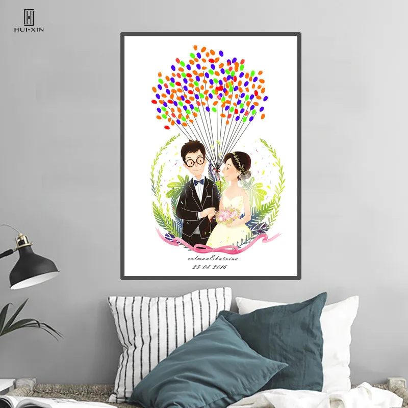 Sweet Love Theme Pink Bride And Bridegroom Figure Fingerprint Signature Canvas Painting DIY Wedding Gift Guest Book Home Decor | Дом и сад