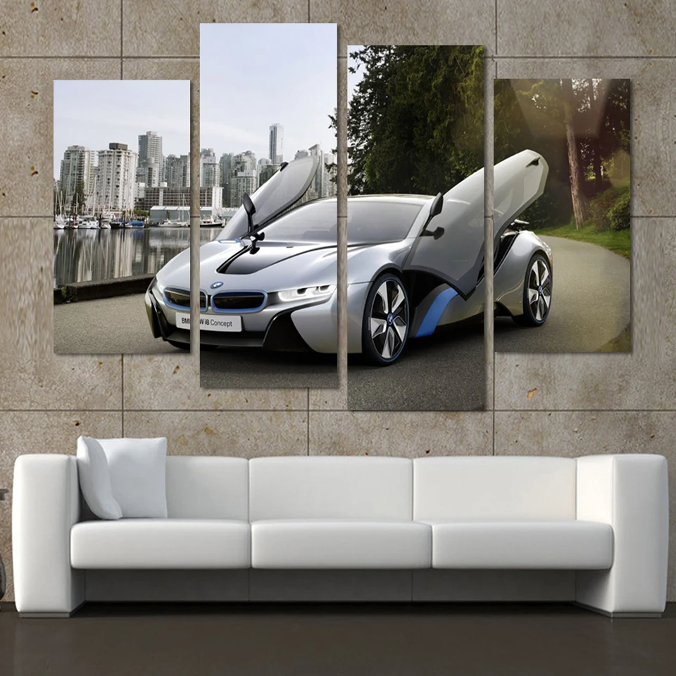 4Panel Modern picture Printed sliver Car and busy city Cuadros Wall Art Landscape Canvas Painting For Living Room No Framed F188 | Дом и сад