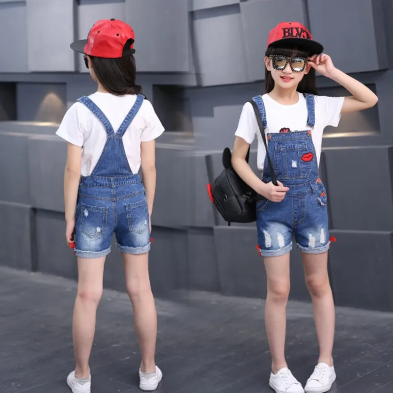 

Girls Fashion Denim Jeans Suspender Shorts Red Lips Denim Overall Baby Jumpsuit Casual Girls Summer Overalls Children Clothing