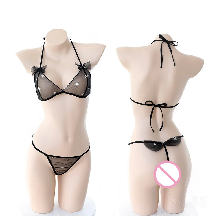 Японский Фея Звезда печати кружева сетки черный сексуальный бюстгальтер трусики Халат домашний пижамный комплект для женщин Эротическое белье наряд