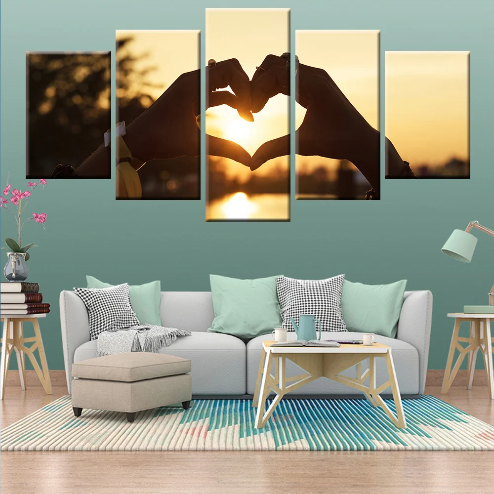 HD printing sunset hand heart shaped landscape painting poster wall art 5 panel for home decoration living room bedroom mural | Дом и сад