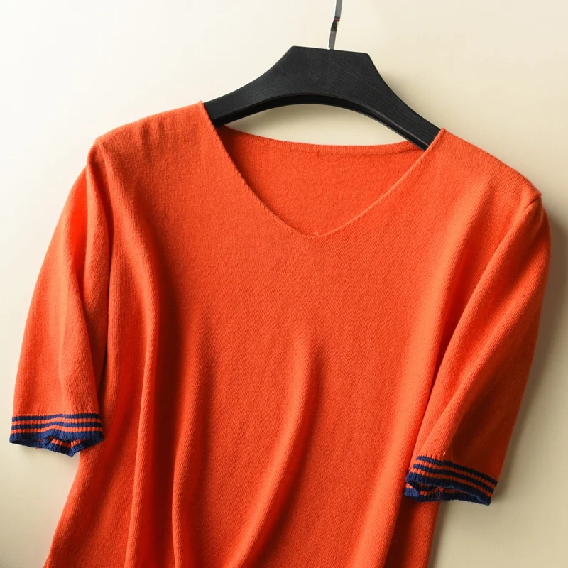 High Quality Spring Autumn Ladies V-Neck Cashmere Sweater Short Sleeve Knitted Pullover Women Stripe Thin Jumpers Smooth Soft | Женская