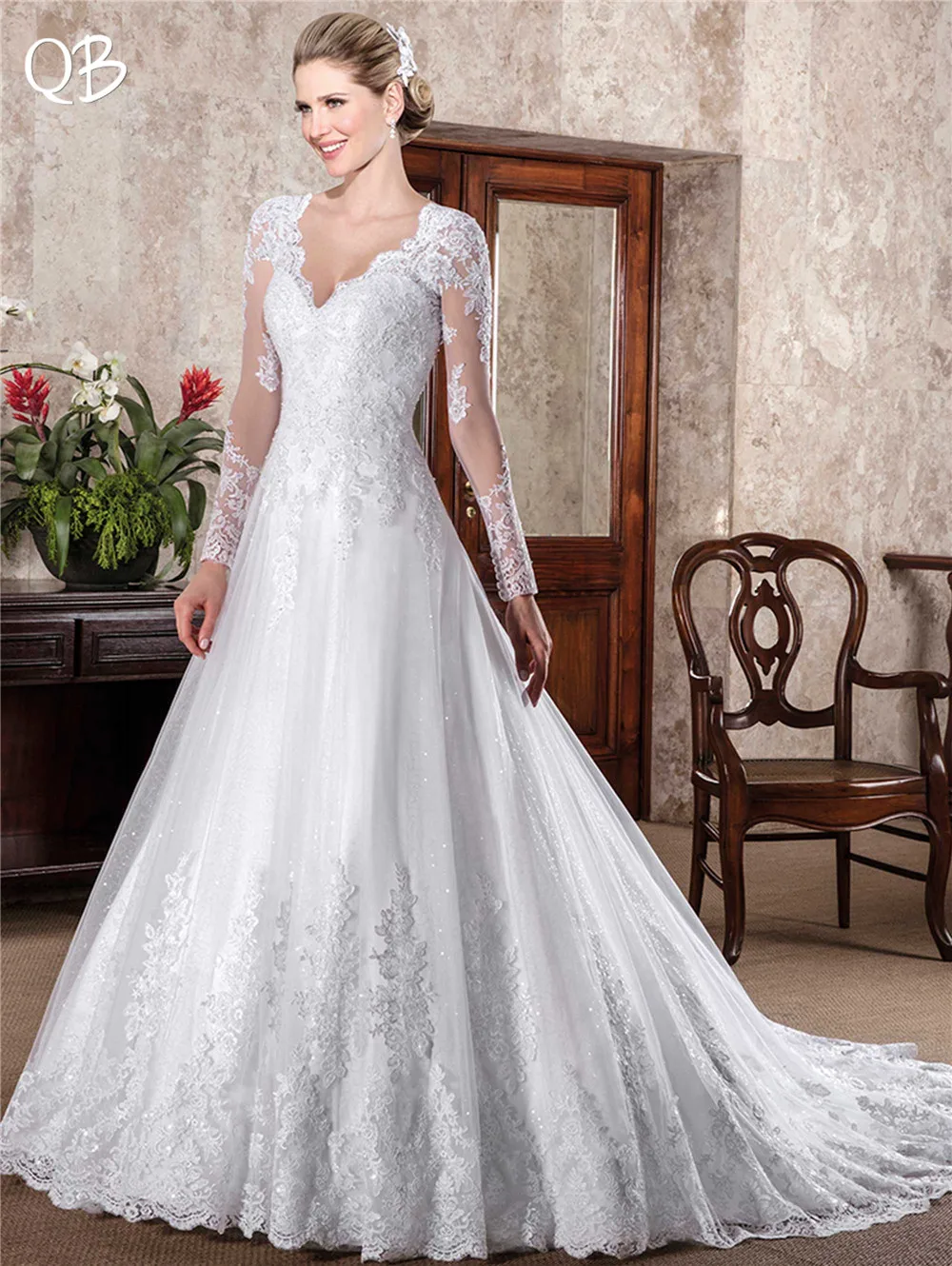 

Vestido de Noiva 2019 New Wedding Dresses A-line V-neck Long Sleeve Tulle Beading Lace Crystal Formal Bridal Wedding Gowns SF54