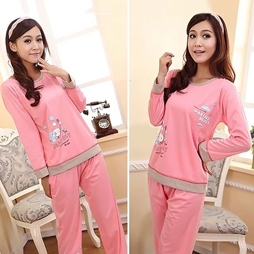 Женщины Милый Мультфильм Горошек Повседневная Хлопок Топ + Длинные Брюки Пижамы |