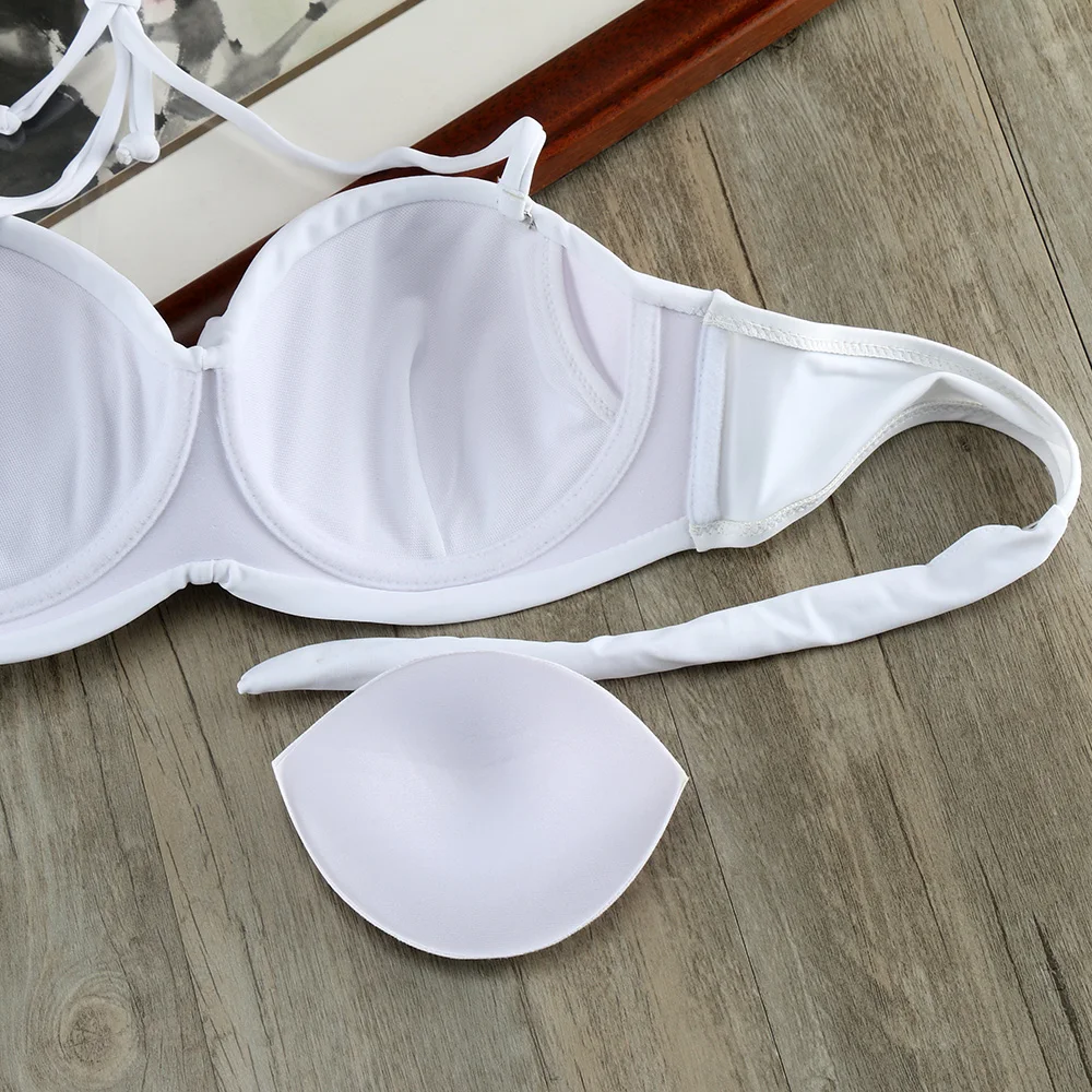 Твердые Strappy повязки Комплект Бикини Белый Push Up Купальники для малышек бандо