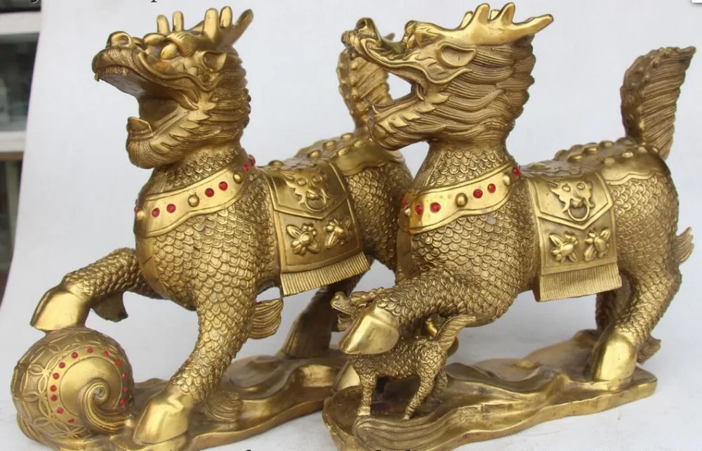 12 &quotКитайский Фэншуй Чистая Бронзовый фигурка с драконом цилинь платье в стиле