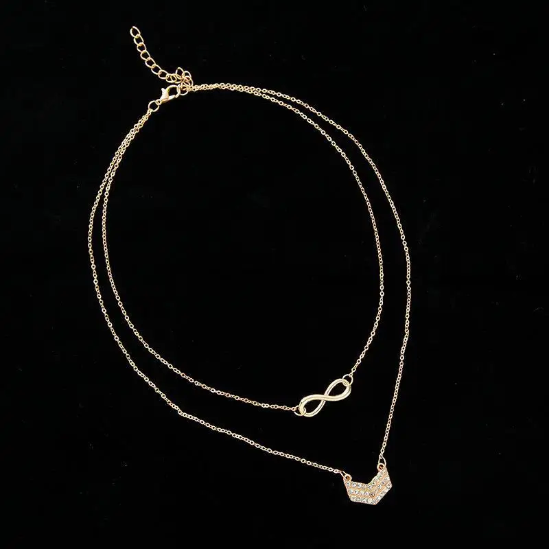 Best Selling Fashion Lucky 8 Word Pendant V-shaped Ladies Multi-layer Metal Chain Necklace Female Crystal Charm Jewelry | Украшения и