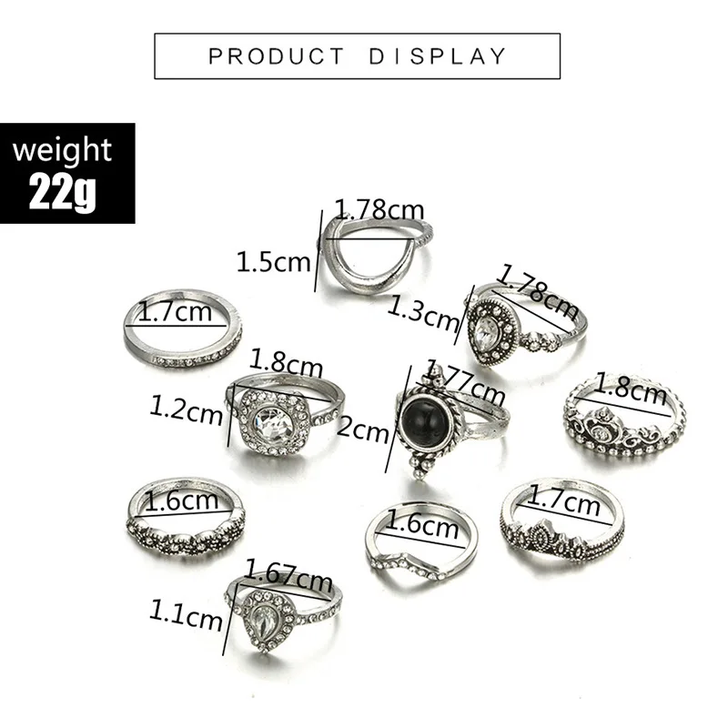 10pcs/Set Vintage Punk Antique Moon Leaf Flower Carved Midi Finger Rings For Women Bohemian Knuckle Ring Set Jewelry Wholesale | Украшения