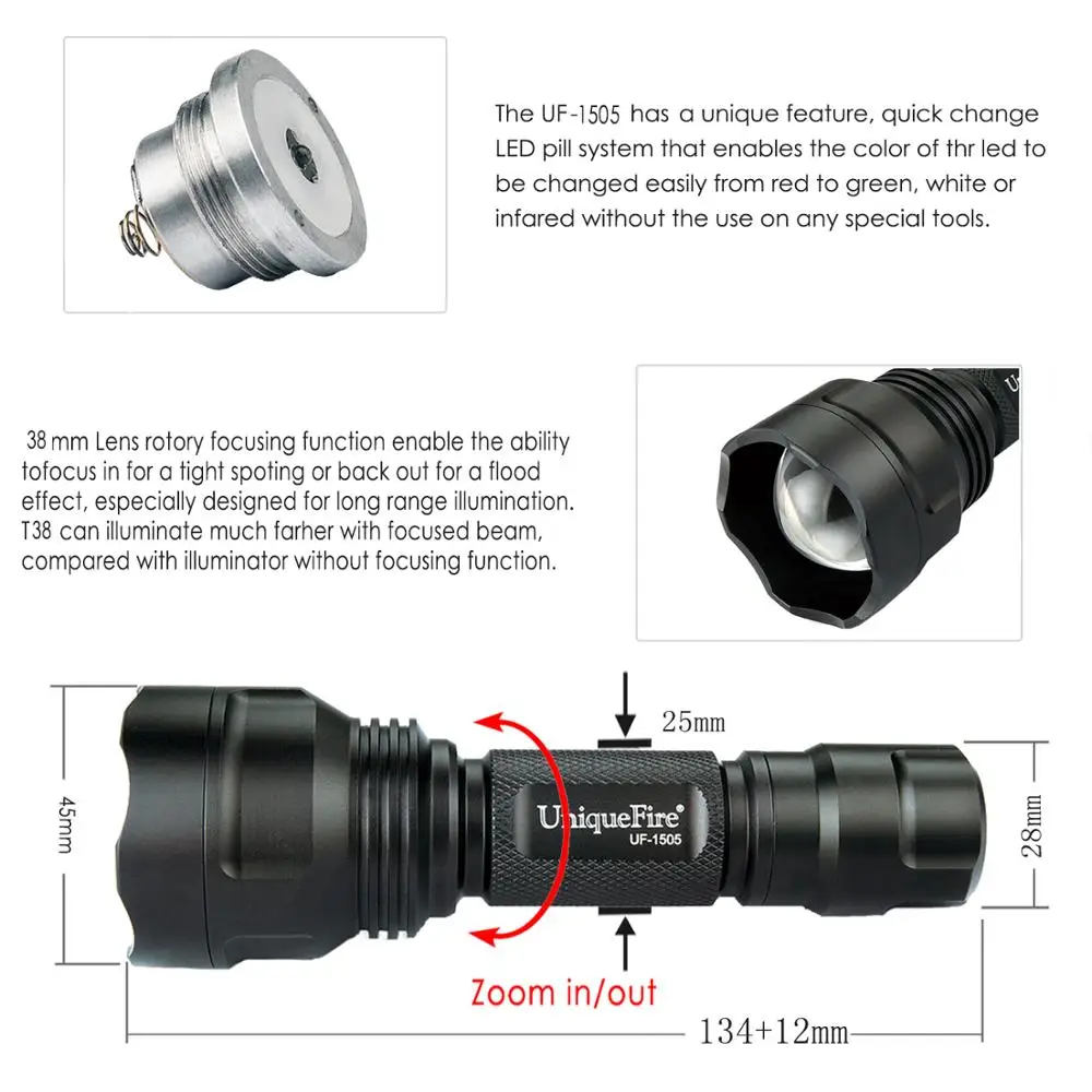UniqueFire 1505 черный Фокус Zoom Факел зеленый/красный/белый свет походный фонарик езда