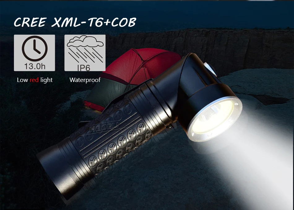 Фонарик светодиодный фонарик 90 градусов складной xml t6 18650 Двойной источник света красный свет белый свет удара вспышки света Фонарь с магнитом