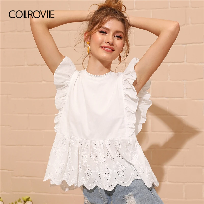 COLROVIE/элегантный женский топ COLROVIE с белыми ушками, вышитыми манжетами и баской, женская блузка в стиле бохо, рубашка, лето, корейские милые женские блузки