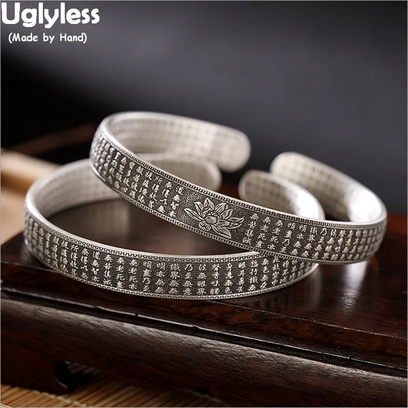 

Uglyless Heart Sutra Buddha Bangles for Women Buddhists Thai Silver Lotus Flower Open Bangle 99.9% Full Silver Religious Jewelry