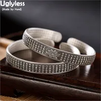 Uglyless Heart Sutra Buddha Bangles for Women Buddhists Thai Silver Lotus Flower Open Bangle 99.9% Full Silver Religious Jewelry