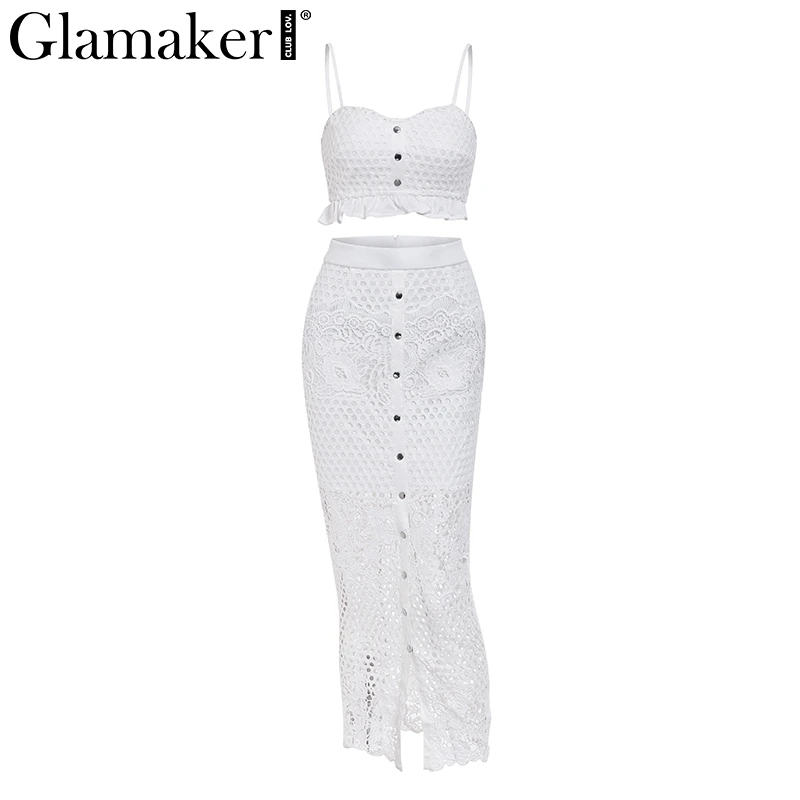 Белый Glamaker, Сексуальное желтое длинное платье, женское, белое, с рюшами, из двух частей, облегающее макси платье, с разрезом, кружевное, Осеннее, праздничное, элегантное - Цвет: Белый