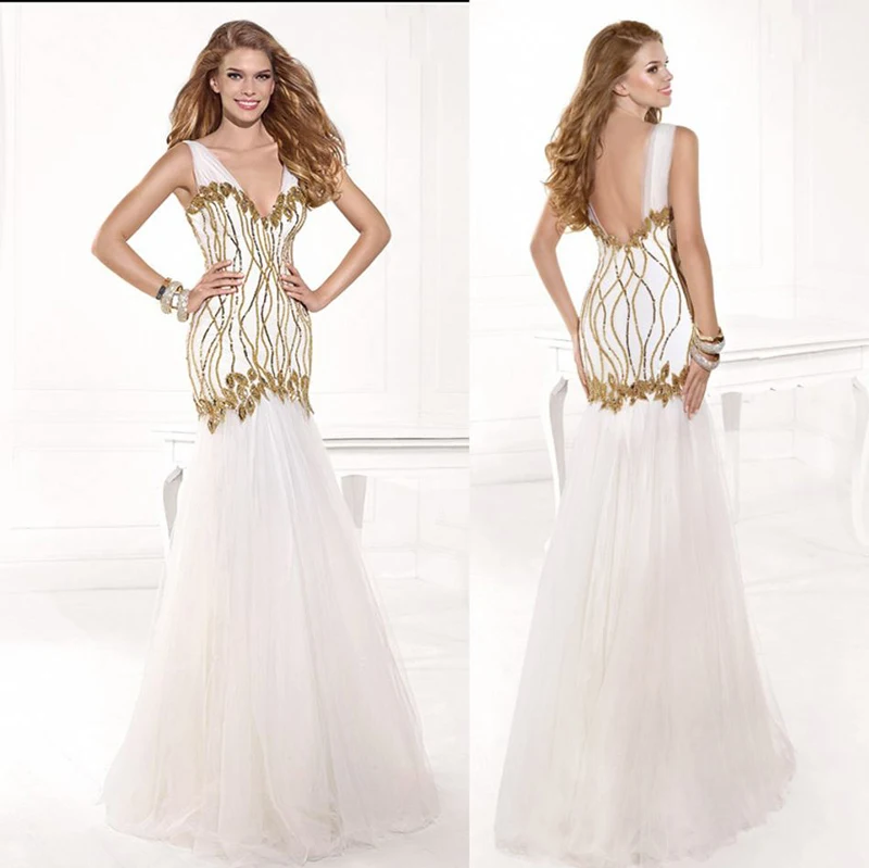 Cocktail Evening Dress Trumpet /Mermaid Floor-Length Built-In Bra Crystal None V-Neck Tank Sleeveless Natural Tulle Polyester Cu | Свадьбы и