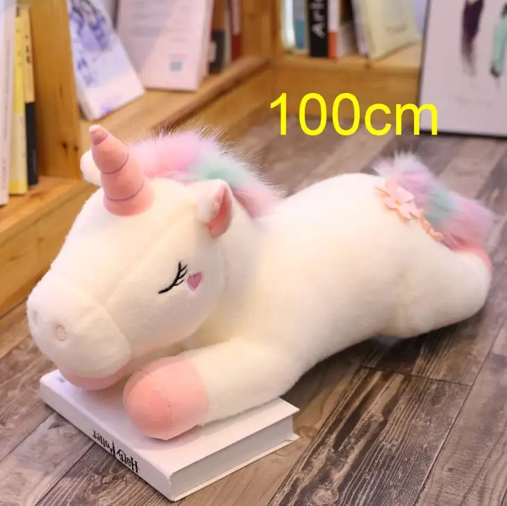 100CM lying white 25-100 см, большой размер, kawaii, единорог, плюшевые игрушки, 3 вида стилей, чучело, единорог, лошадь, кукла, мягкая, детская, для домашнего декора, подарки, подушка - Цвет: 100CM lying white