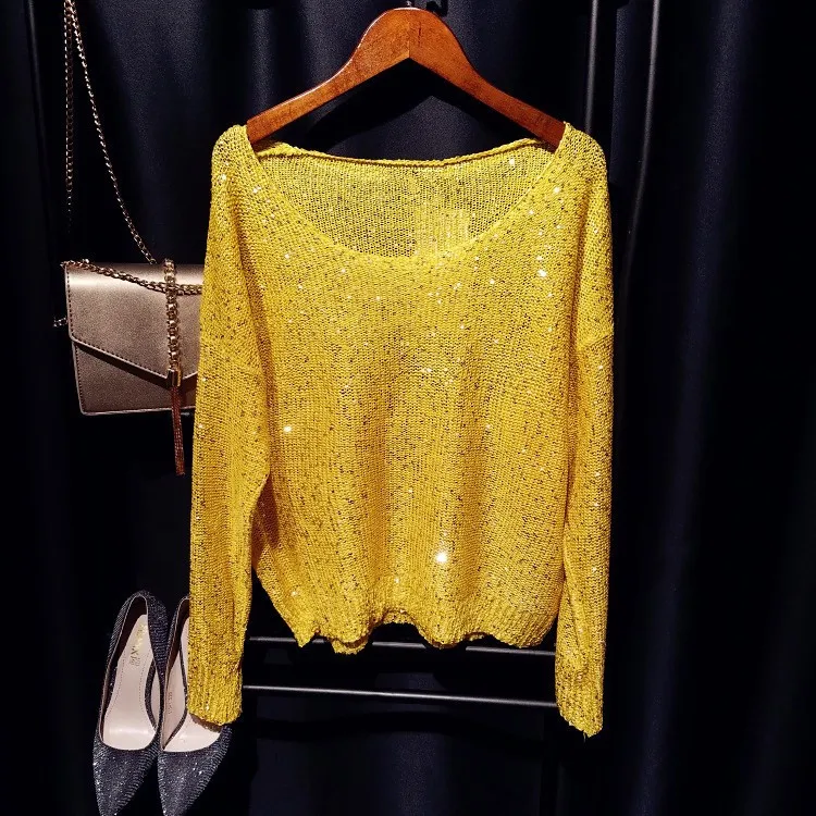 Cakucool Sequined Knit Tops Women Long Sleeve Jumpers Beading Big O-neck Casual Loose Embellish Girls Sweaters Green 14colors | Женская