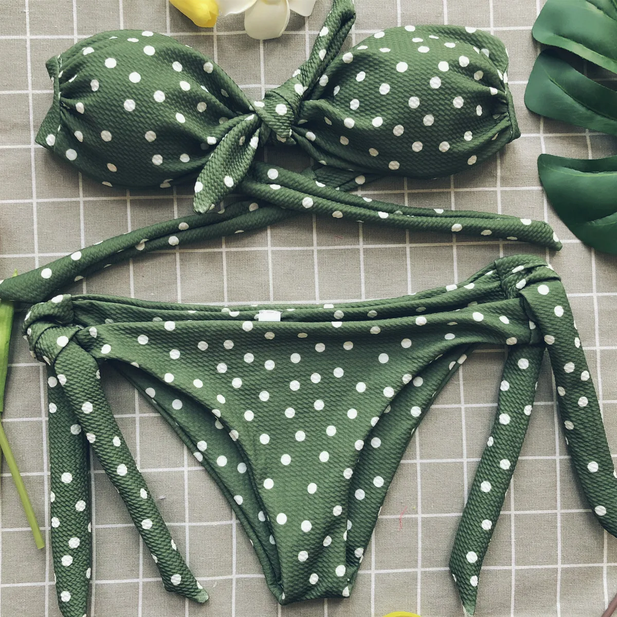

Sexy Polka Dot Bandeau Bikini Set Push Up Swimsuit Bowknot Swimwear Tied String Bikinis Women Biquini Bathing Suit Swimming Suit
