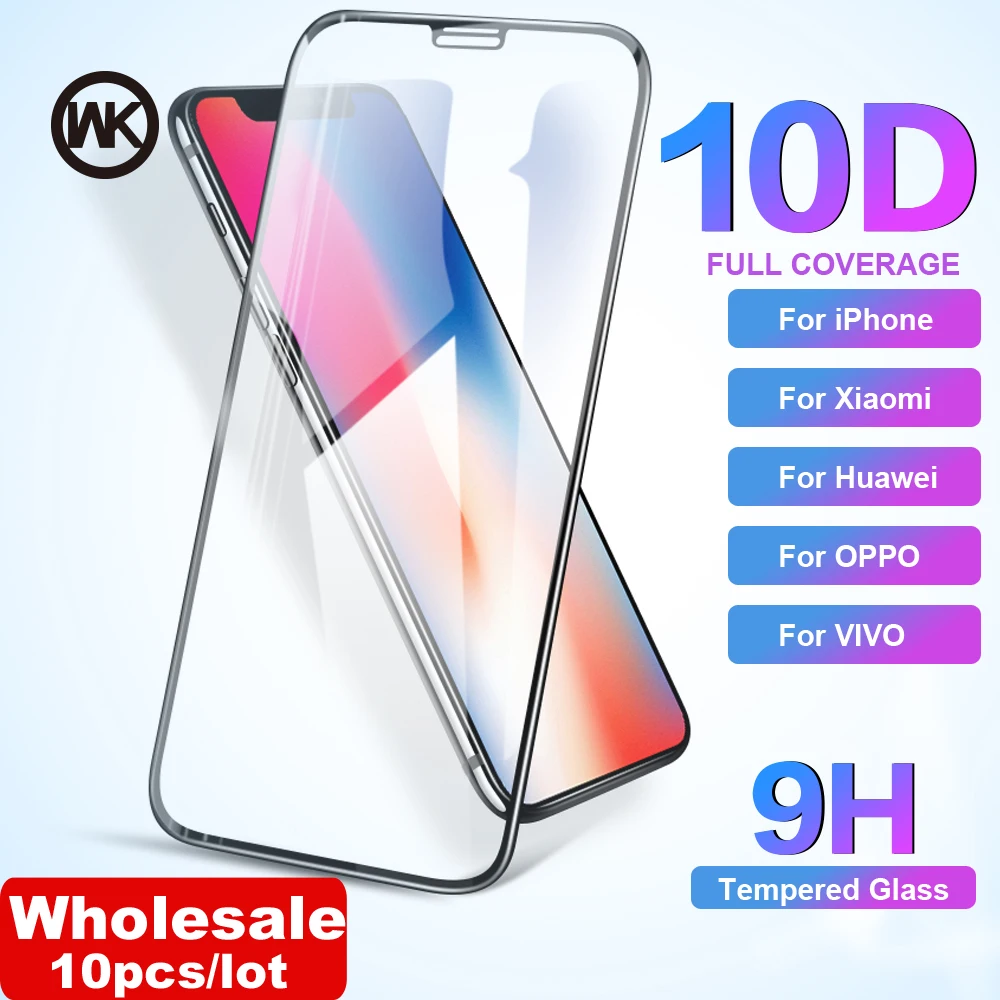 WK 10 шт./лот 10D изогнутые закаленное стекло экран протектор для iPhone 6 6S 7 8 Plus X XR XS Max huawei Xiaomi Vivo Oppo