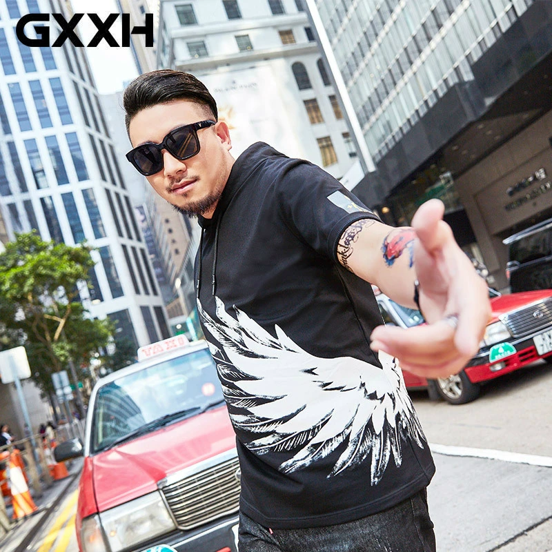 XXL-7XL, Мужская футболка, GXXH, больше размера, d, мужской магазин, бренд, большой размер, Мужская футболка с капюшоном, короткий рукав, футболка для толстого парня, топ, крылья, принт, рубашка, хлопок