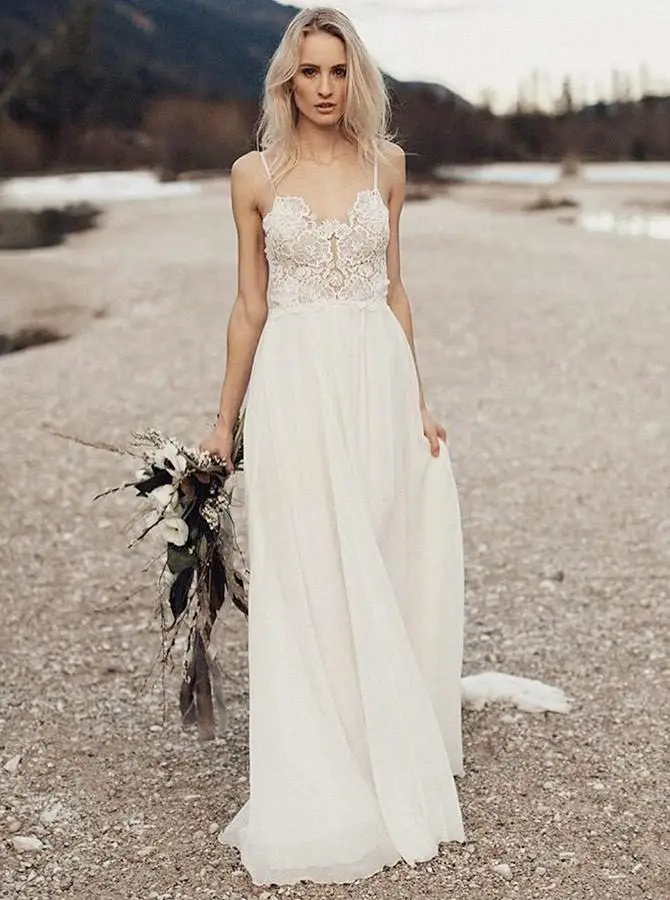 LORIE пляжное свадебное платье с бретельками Vestido de noiva Vitage Кружевной Топ шифоновое свадебное платье в стиле бохо со шлейфом - Цвет: Слоновая кость